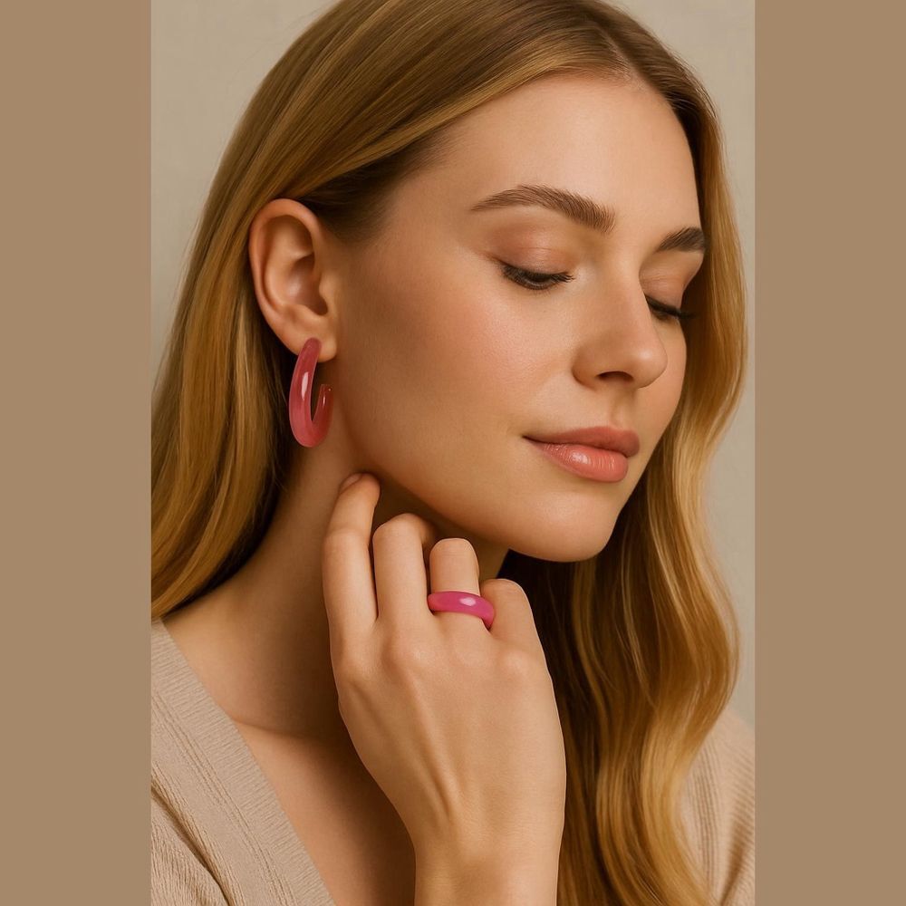 Unbranded Pink Hoop Earrings and Ring Jewelry Set
